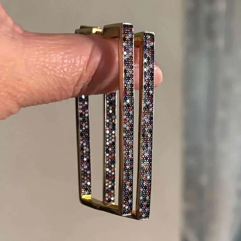 Statement yellow gold plated vintage rectangular earrings in 925 silver